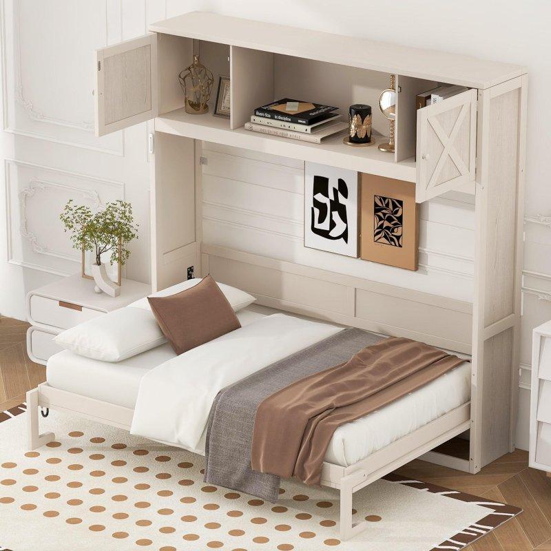 Bej ve Siyah MDF Rustik X Tasarımlı Dolaplı Duvar Yatağı - 154x211 cm - 261429