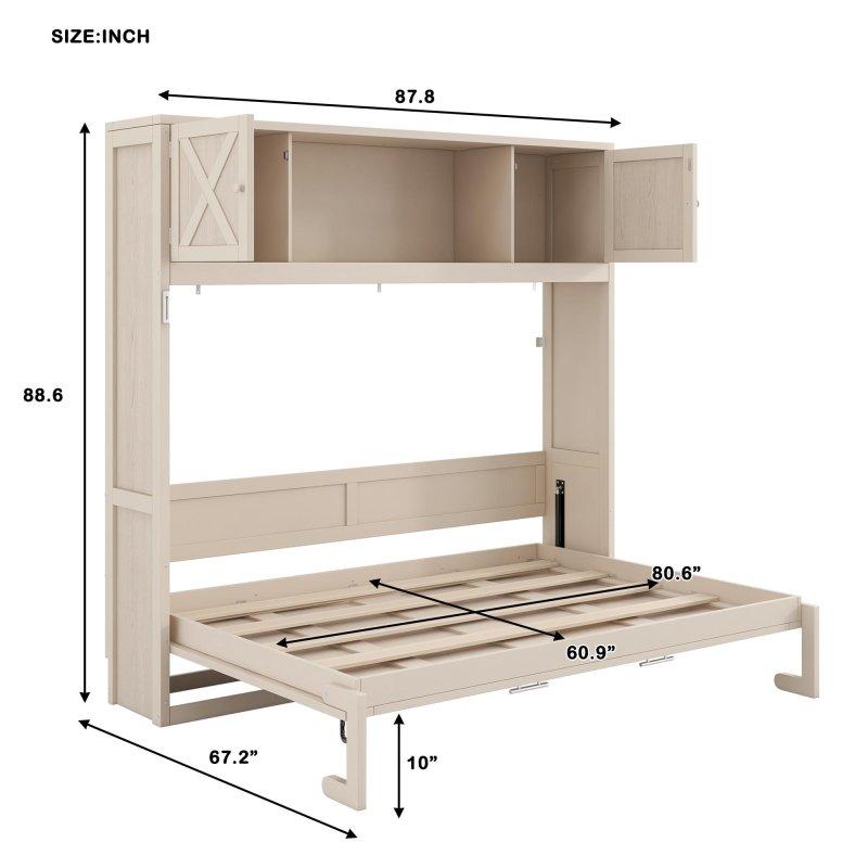 Bej ve Siyah MDF Rustik X Tasarımlı Dolaplı Duvar Yatağı - 154x211 cm - 261429