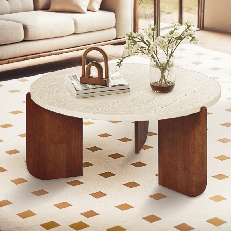 Bej Yapay Traverten Taş Modern Yuvarlak Orta Sehpa - 77 cm - 245353