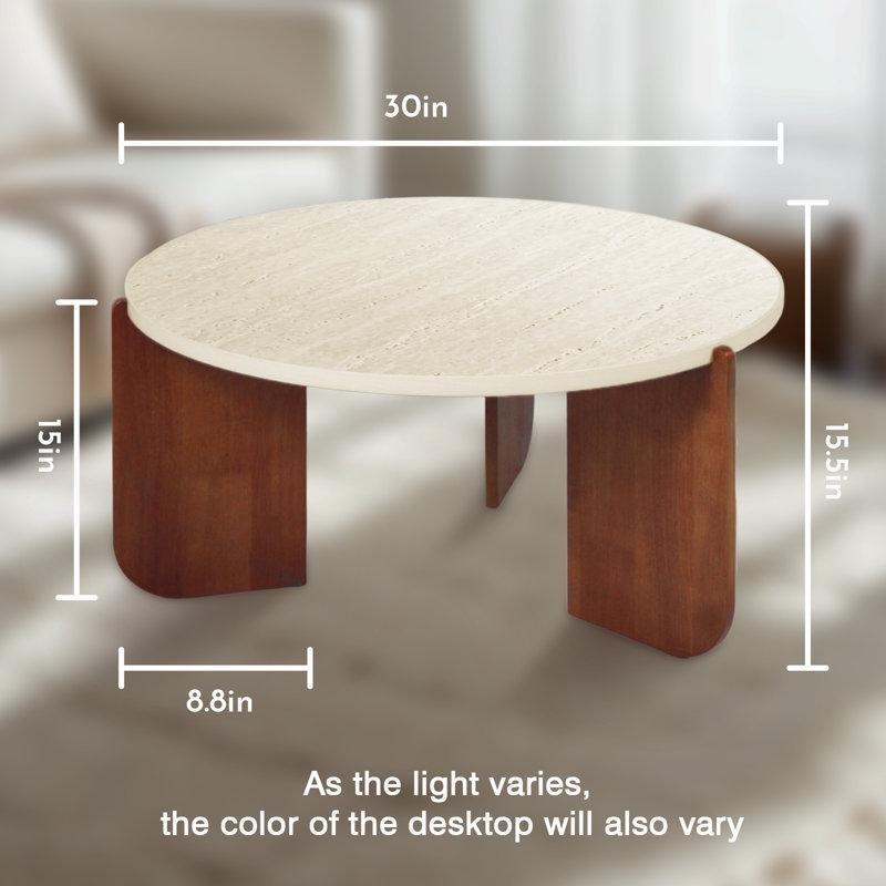 Bej Yapay Traverten Taş Modern Yuvarlak Orta Sehpa - 77 cm - 245353