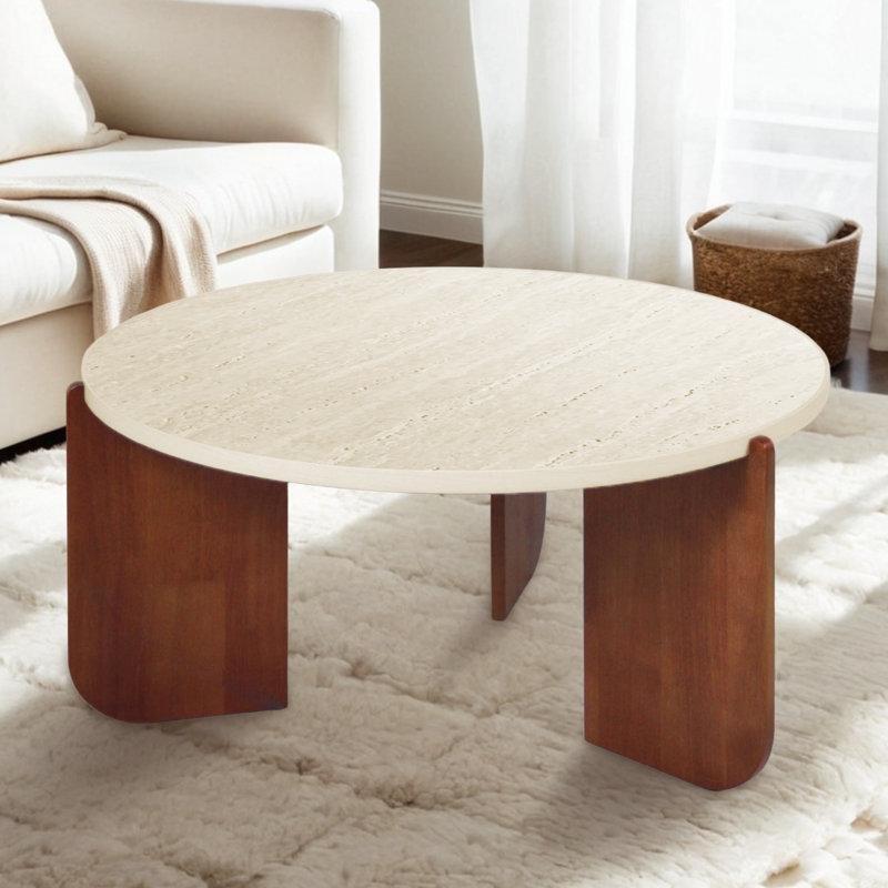 Bej Yapay Traverten Taş Modern Yuvarlak Orta Sehpa - 77 cm - 245353