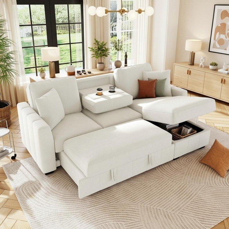 Bej Yataklı Depolama Alanlı Bardaklıklı Polyester Köşe Koltuk - 229x145 cm - 259831