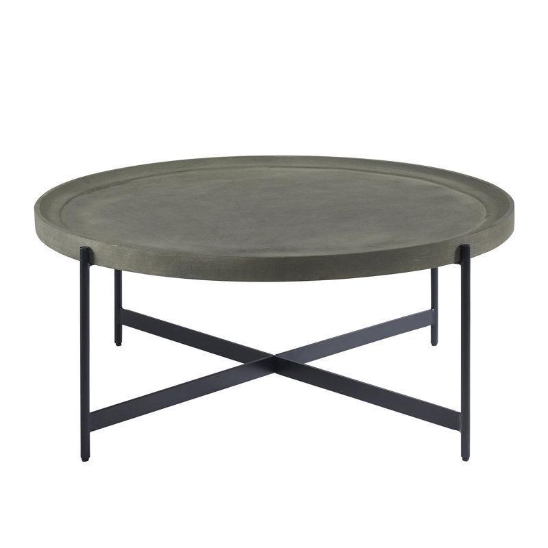 Beton Grisi Masif Ahşap X Ayaklı Tepsili Tasarım Yuvarlak Orta Sehpa - 107 cm - 244335