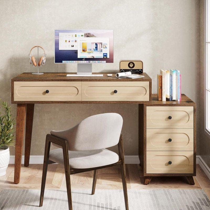 Beyaz 5 Çekmeceli Yönü Değiştirilebilir Kabinli Masif Ahşap Bacaklı Ofis Masası - 130 cm - 326522