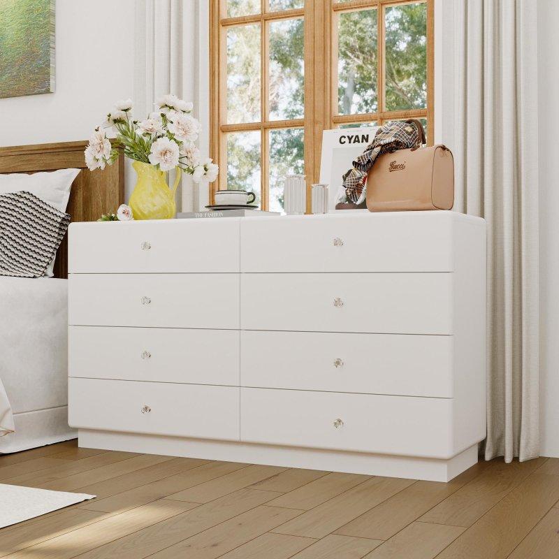 Beyaz 8 Çekmeceli Cam Tablalı 3 Renk Işıklı Kristal Kulplu Şifonyer - 140x80x35 cm - 307103