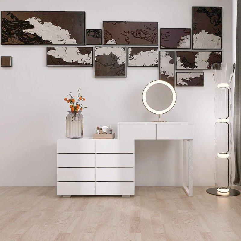 Beyaz Ahşap 10 Çekmeceli Metal Ayaklı Geniş Tablalı Şifonyer - 138x39x81 cm - 307085
