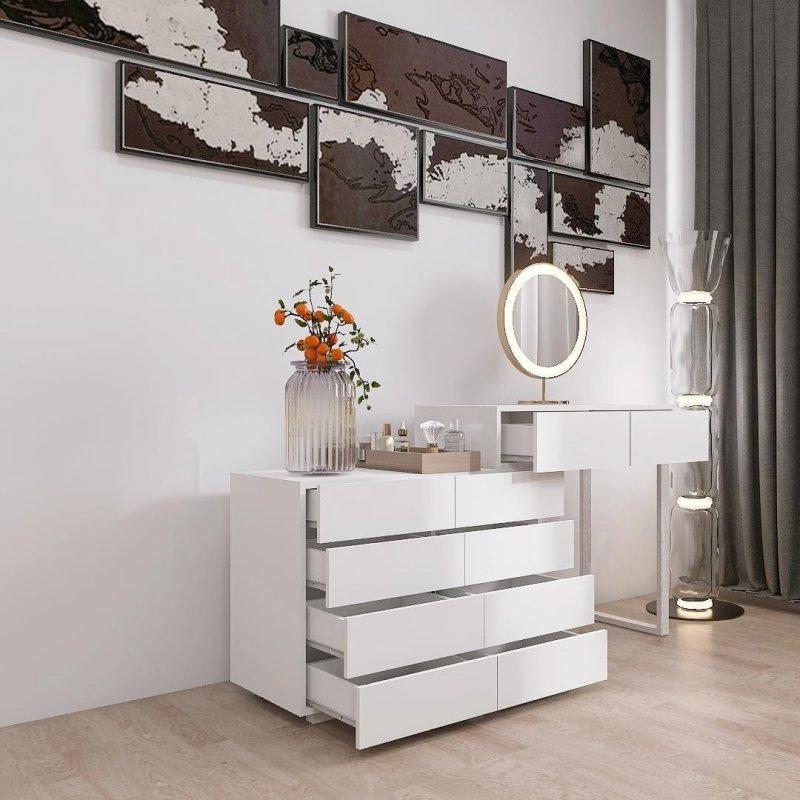Beyaz Ahşap 10 Çekmeceli Metal Ayaklı Geniş Tablalı Şifonyer - 138x39x81 cm - 307085
