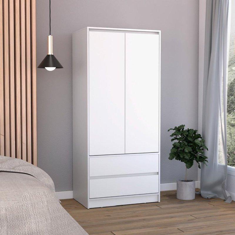 Beyaz Ahşap 2 Kapaklı 2 Çekmeceli Askılıklı Şifonyer - 306455