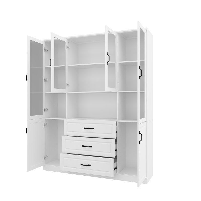 Beyaz Ahşap 3 Çekmeceli Siyah Kulplu Cam Kapaklı Kitaplık - 200x161 cm - 238520