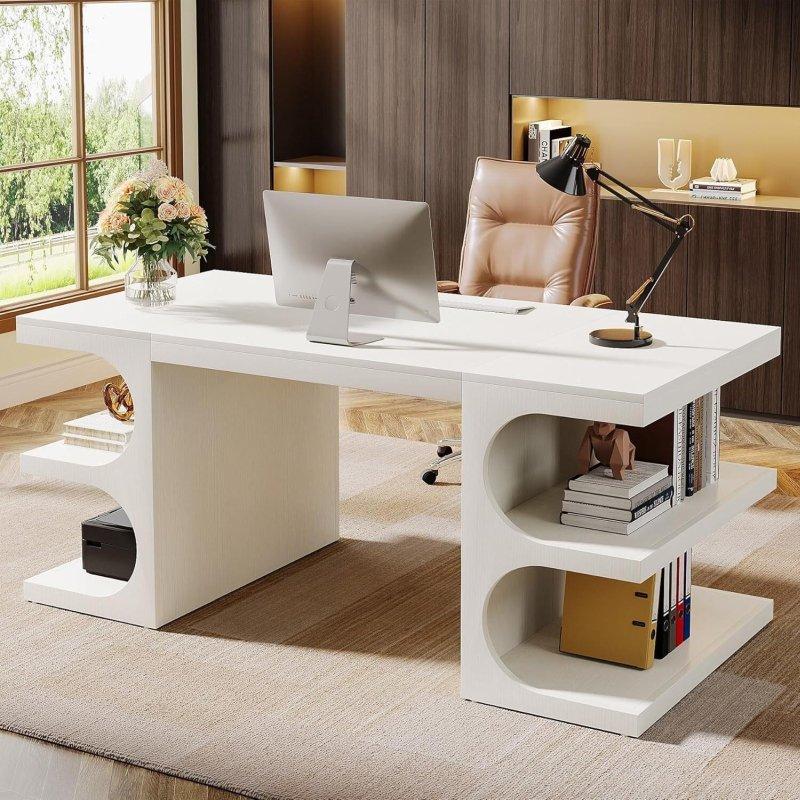 Beyaz Ahşap 3 Raflı Geniş Ofis Masası - 158 cm - 326825