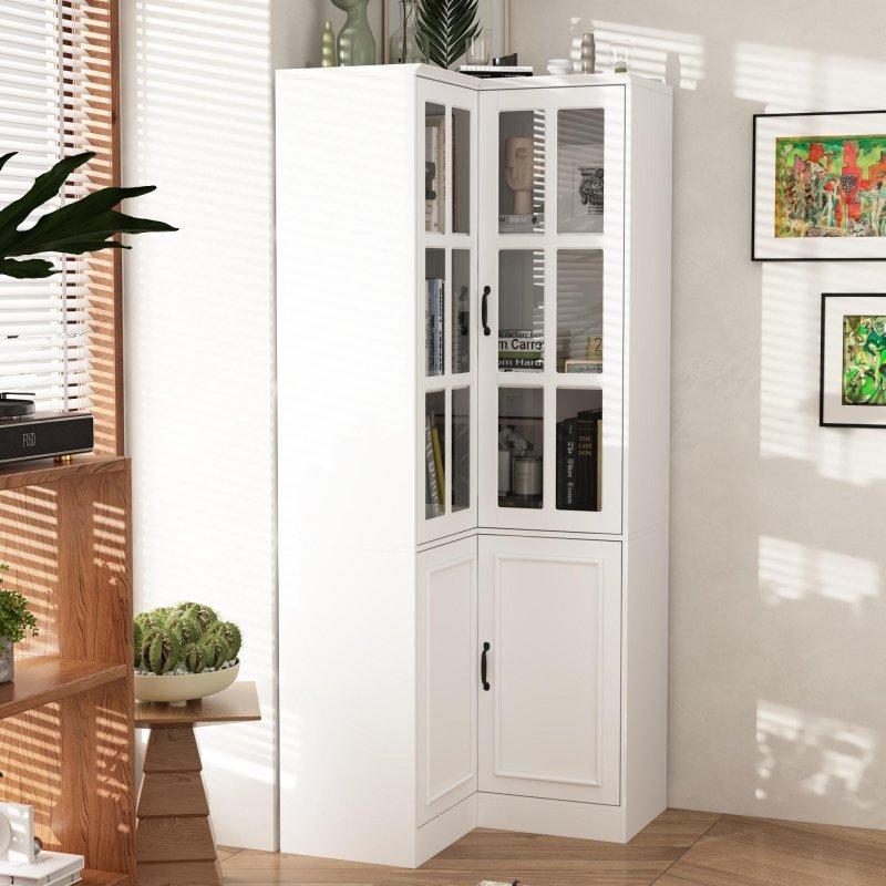 Beyaz Ahşap 4 Kapaklı 5 Raflı Köşe Kitaplık - 81x81x201 cm - 320469