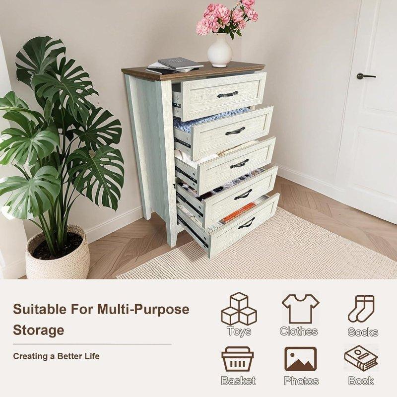 Beyaz Ahşap 5 Çekmeceli Metal Kulplu Şifonyer - 71x114x41 cm - 297127