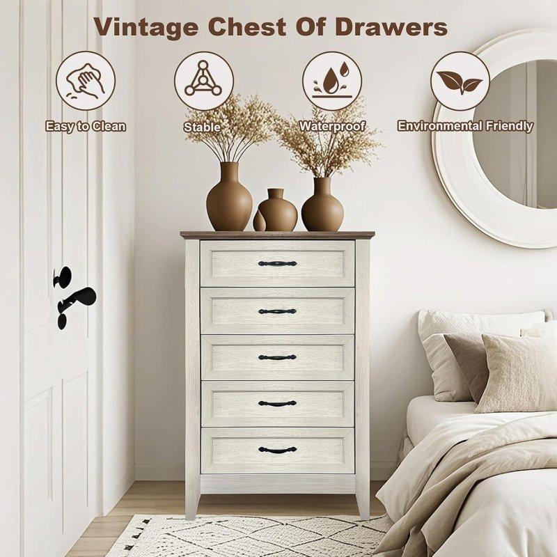Beyaz Ahşap 5 Çekmeceli Metal Kulplu Şifonyer - 71x114x41 cm - 297127