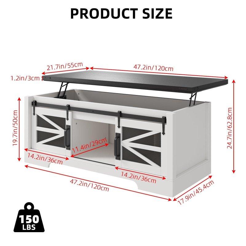 Beyaz Ahşap Asansörlü Sürgülü Ahır Kapılı Akıllı Sehpa - 120 cm - 253979