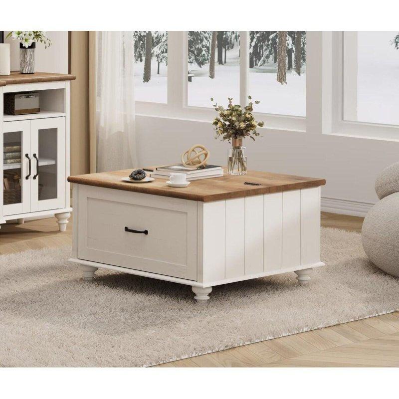Beyaz Ahşap Asansörlü ve Depolamalı Akıllı Sehpa - 77x77x46 cm - 254396