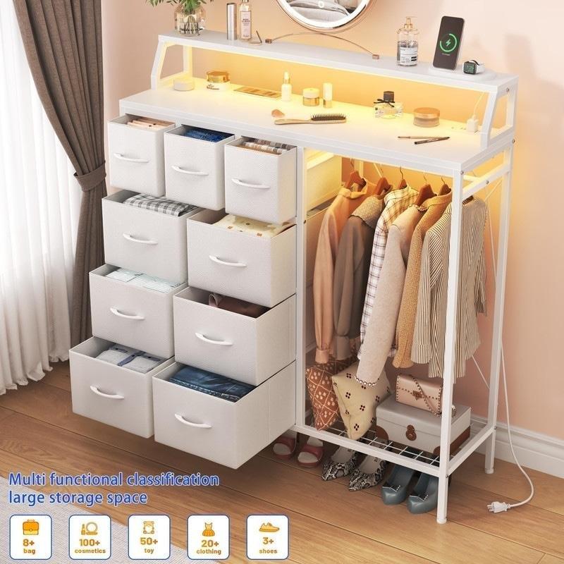 Beyaz Ahşap Askılıklı Raflı LED Işıklı ve USB Şarjlı Şifonyer - 112x34x121 cm - 305144