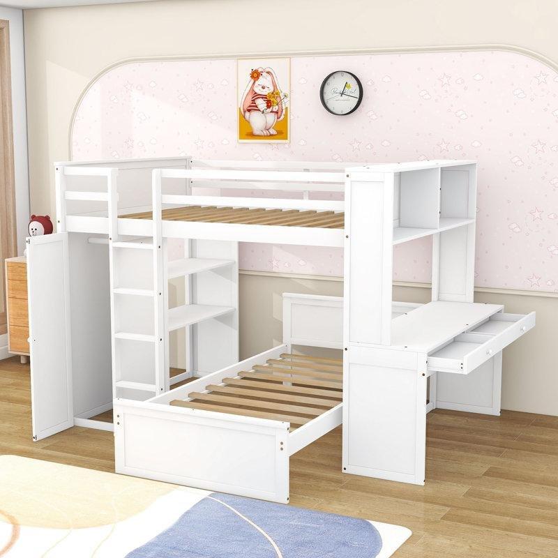 Beyaz Ahşap Çalışma Masalı Dolaplı ve Çekmeceli Ranza - 247266