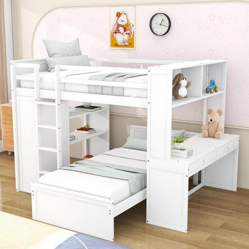 Beyaz Ahşap Çalışma Masalı Dolaplı ve Çekmeceli Ranza - 247266