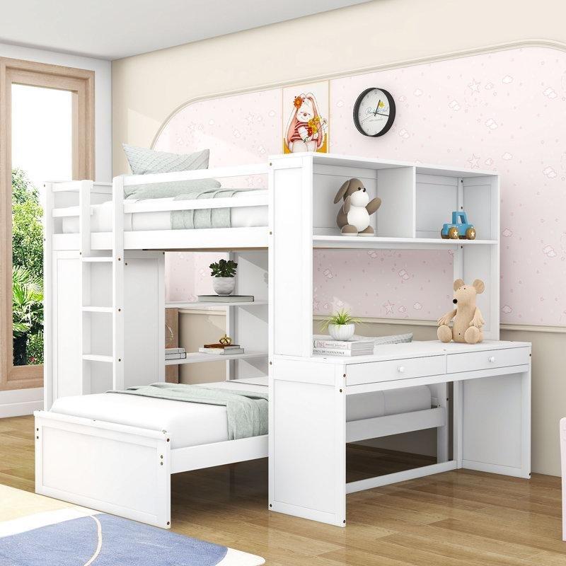 Beyaz Ahşap Çalışma Masalı Dolaplı ve Çekmeceli Ranza - 247266