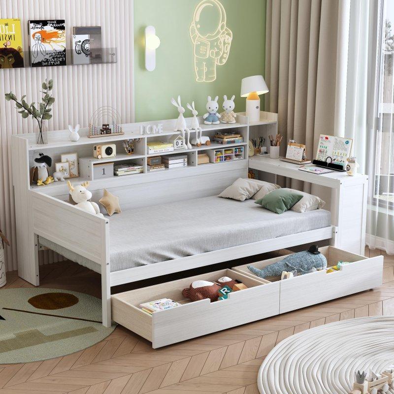 Beyaz Ahşap Çalışma Masalı ve Saklama Alanlı Daybed Karyola - 330294