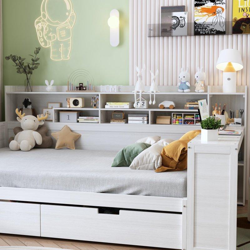 Beyaz Ahşap Çalışma Masalı ve Saklama Alanlı Daybed Karyola - 330294