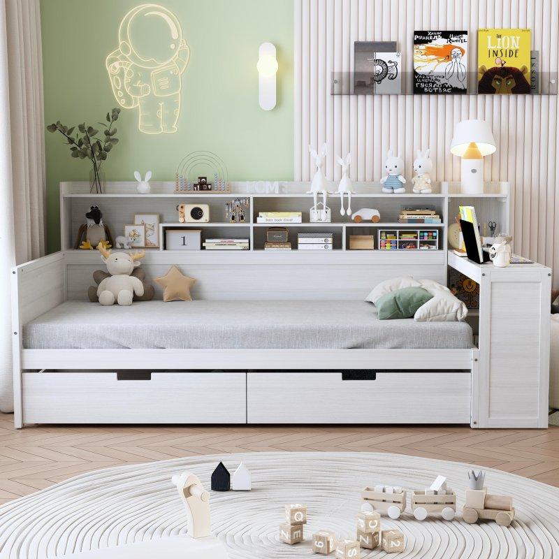 Beyaz Ahşap Çalışma Masalı ve Saklama Alanlı Daybed Karyola - 330294