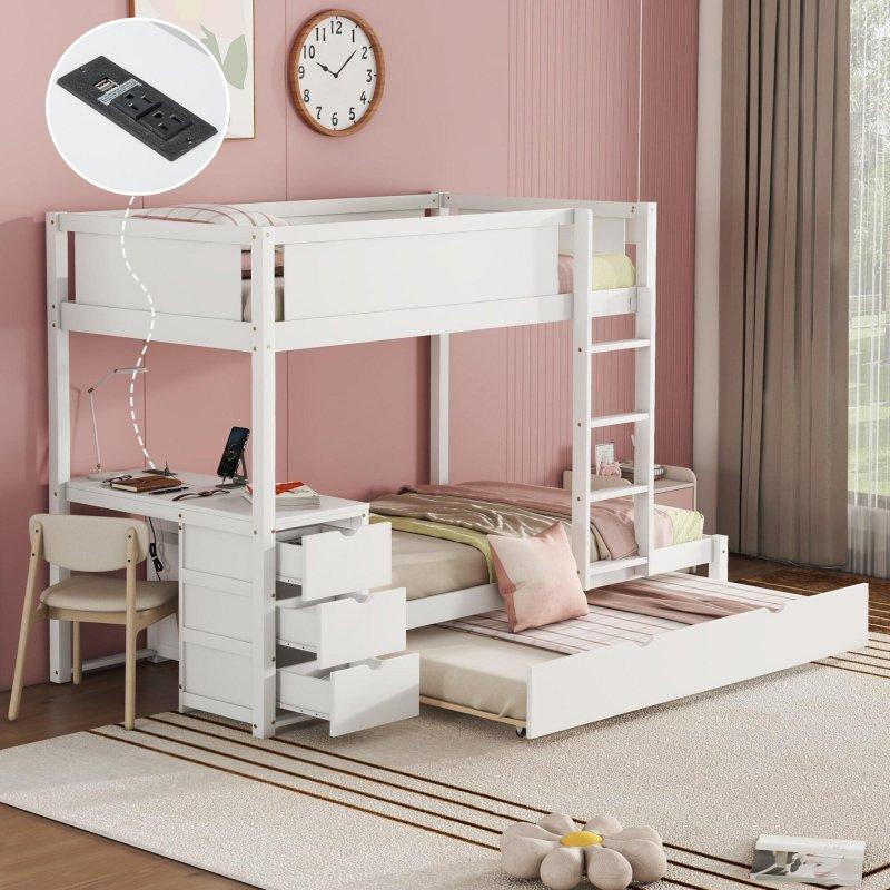 Beyaz Ahşap Çalışma Masalı ve USB Çıkışlı Yavru Yataklı Ranza - 242x108x167 cm - 250289