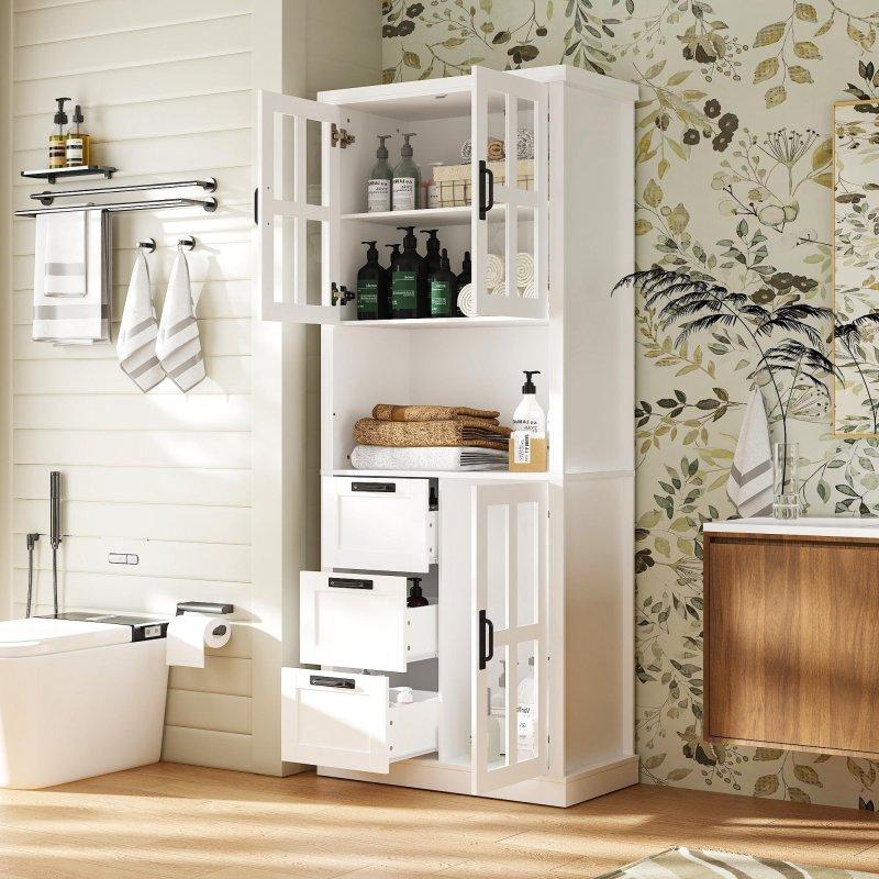 Beyaz Ahşap Cam Kapaklı 3 Çekmeceli Ayaklı Çok Amaçlı Banyo Dolabı - 81x181x40 cm - 334515