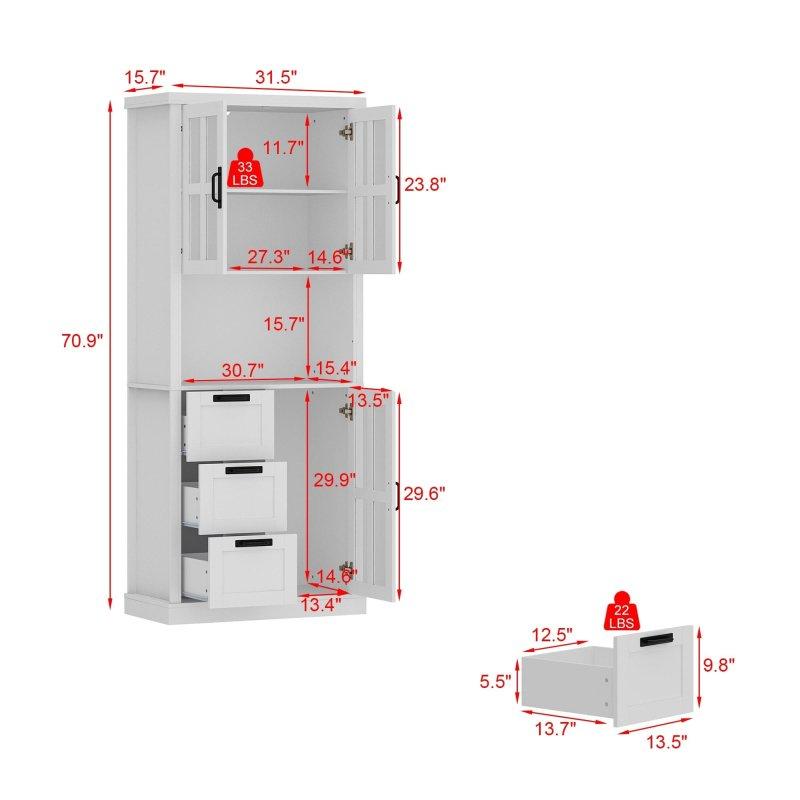 Beyaz Ahşap Cam Kapaklı 3 Çekmeceli Ayaklı Çok Amaçlı Banyo Dolabı - 81x181x40 cm - 334515