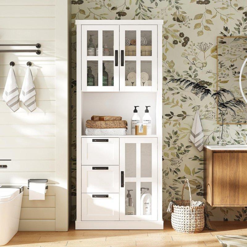 Beyaz Ahşap Cam Kapaklı 3 Çekmeceli Ayaklı Çok Amaçlı Banyo Dolabı - 81x181x40 cm - 334515 Beyaz Ahşap Cam Kapaklı 3 Çekmeceli Ayaklı Çok Amaçlı Banyo Dolabı - 81x181x40 cm - 334515