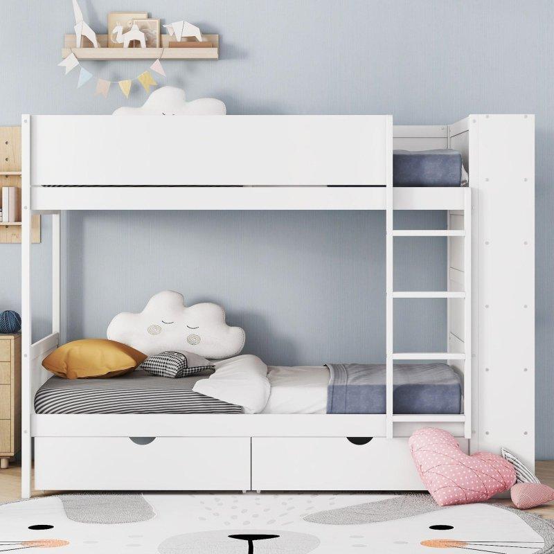 Beyaz Ahşap Çekmeceli ve Dolaplı Ranza - 250264
