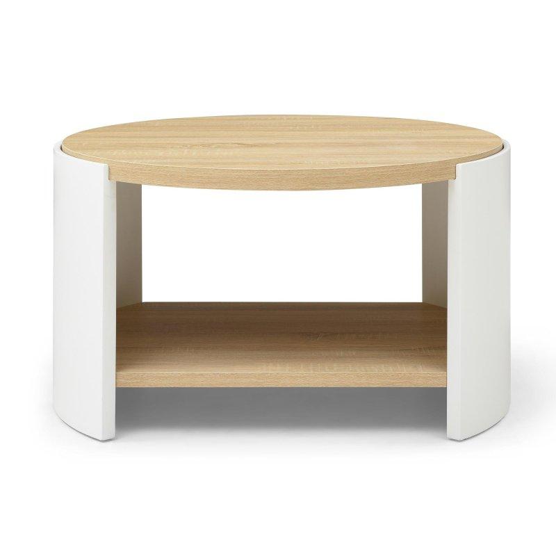 Beyaz Ahşap Dokulu MDF Raflı Mat Metal Ayaklı Yuvarlak Orta Sehpa - 80 cm - 241847