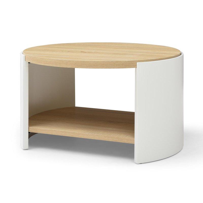 Beyaz Ahşap Dokulu MDF Raflı Mat Metal Ayaklı Yuvarlak Orta Sehpa - 80 cm - 241847