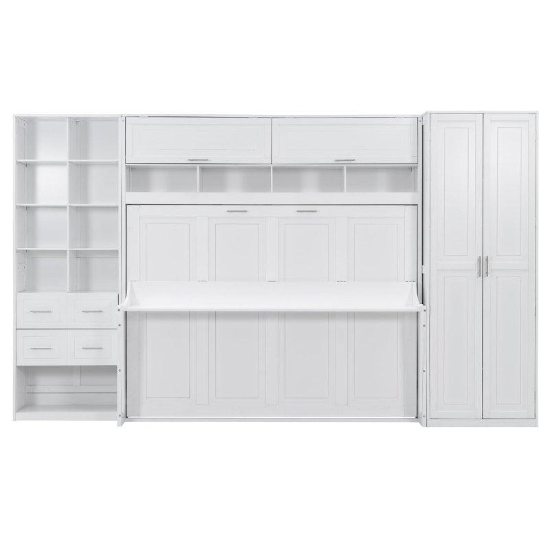 Beyaz Ahşap Dolaplı Çekmeceli Raflı Duvar Yatağı - 383 cm - 263429