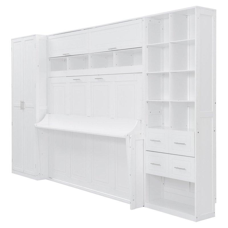 Beyaz Ahşap Dolaplı Çekmeceli Raflı Duvar Yatağı - 383 cm - 263429