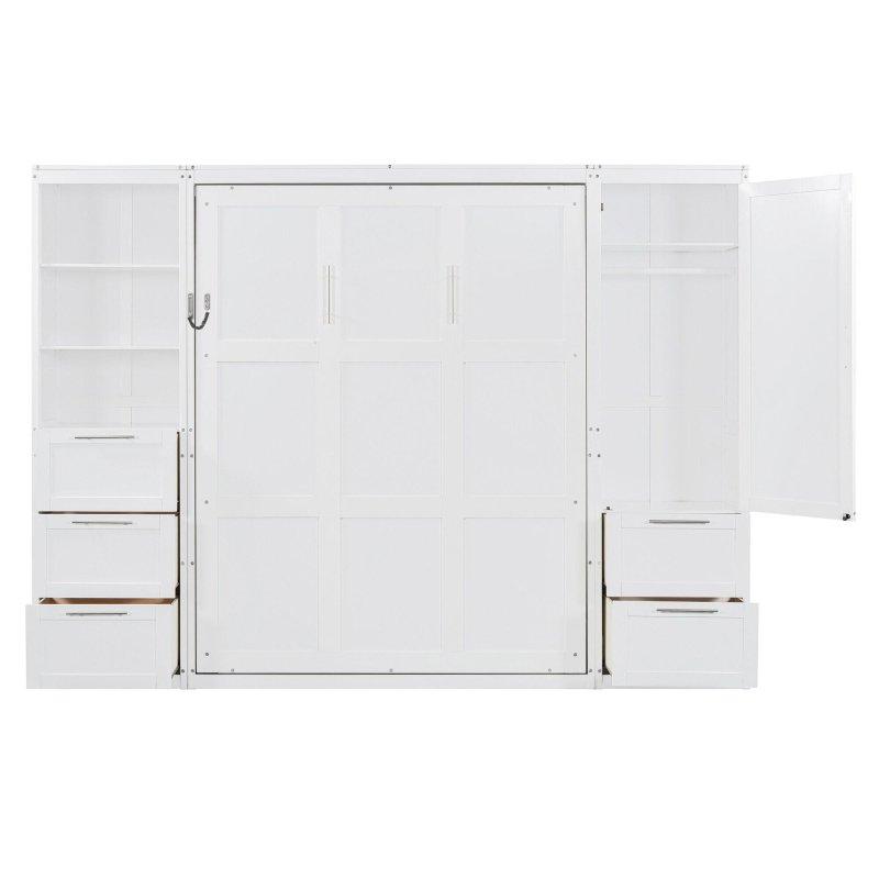 Beyaz Ahşap Dolaplı Çekmeceli ve Raflı Duvar Yatağı - 306x225 cm - 262386