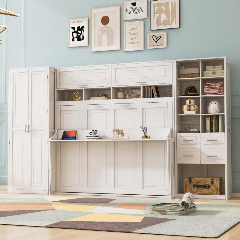 Beyaz Ahşap Dolaplı ve Çekmeceli Duvar Yatağı - 266353