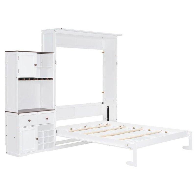 Beyaz Ahşap Dolaplı ve LED Aydınlatmalı Queen Boy Duvar Yatağı - 263216