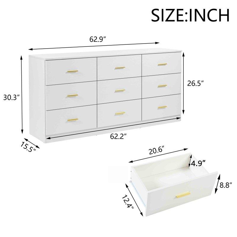 Beyaz Ahşap Gold Kulplu 9 Çekmeceli Yatay Şifonyer - 160 cm - 300586