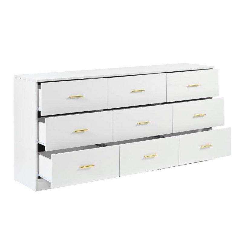 Beyaz Ahşap Gold Kulplu 9 Çekmeceli Yatay Şifonyer - 160 cm - 300586