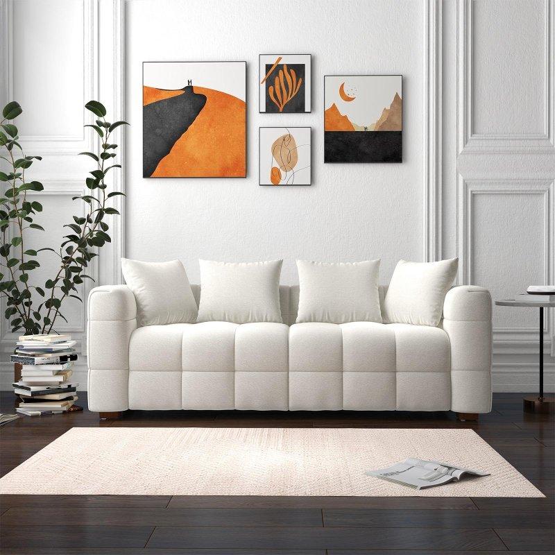 Beyaz Ahşap Kadife 4 Yastıklı 3 Kişilik Bohem Koltuk - 206x84 cm - 290491