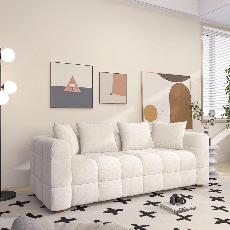 Beyaz Ahşap Kadife 4 Yastıklı 3 Kişilik Bohem Koltuk - 206x84 cm - 290491