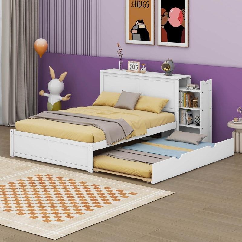 Beyaz Ahşap Kitaplıklı ve Raflı Yavru Yataklı Karyola - 329156