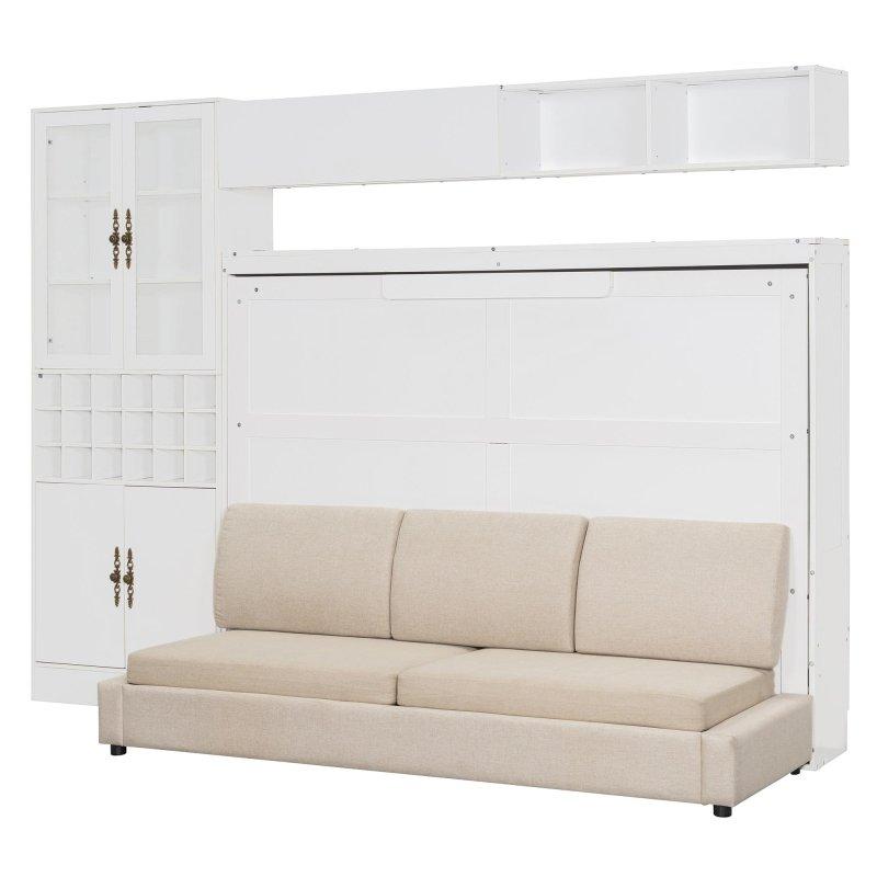 Beyaz Ahşap Koltuklu Raflı USB Portlu ve Aydınlatmalı Duvar Yatağı - 290x161x215 cm - 261344
