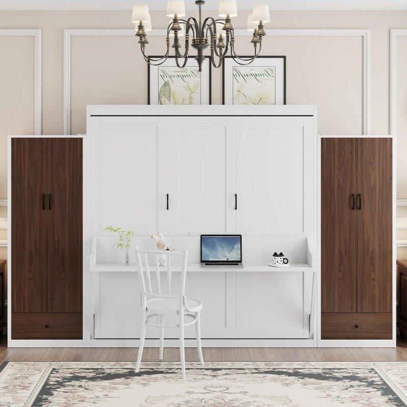 Beyaz Ahşap LED Aydınlatmalı Dolaplı Çekmeceli ve Masalı Duvar Yatağı - 261042