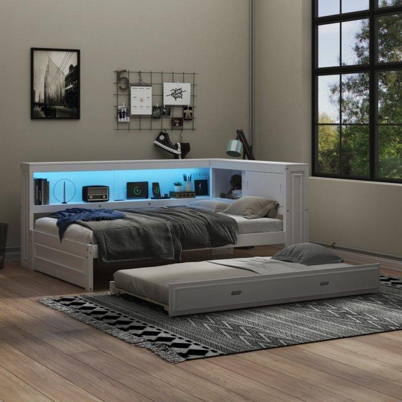 Beyaz Ahşap LED Aydınlatmalı ve USB Portlu Yavru Yataklı Daybed Karyola - 330055