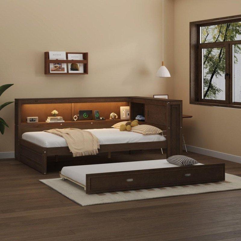 Beyaz Ahşap LED Aydınlatmalı ve USB Portlu Yavru Yataklı Daybed Karyola - 330055 Beyaz Ahşap LED Aydınlatmalı ve USB Portlu Yavru Yataklı Daybed Karyola - 330055