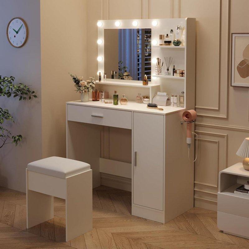 Beyaz Ahşap LED Aynalı Prizli Çekmeceli Tabureli Makyaj Şifonyeri - 90 cm - 298244
