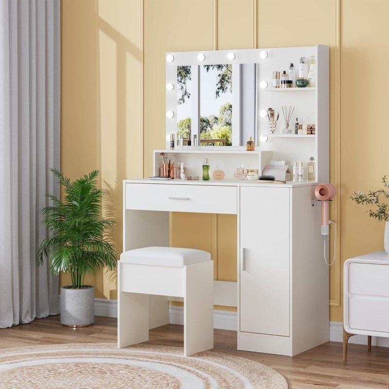 Beyaz Ahşap LED Aynalı Prizli Çekmeceli Tabureli Makyaj Şifonyeri - 90 cm - 298244