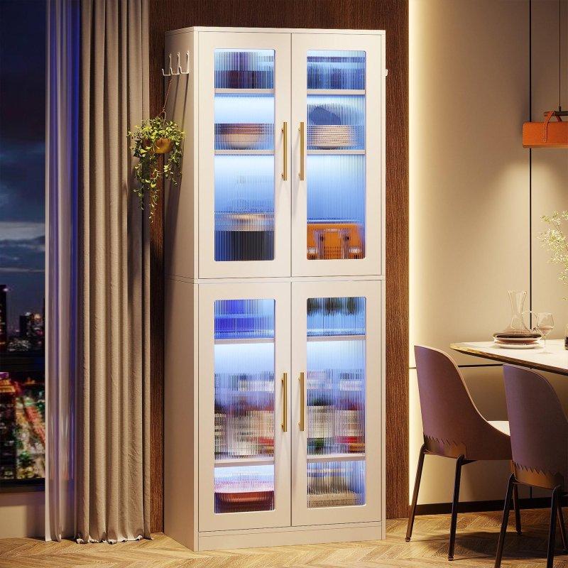 Beyaz Ahşap LED Işıklı 8 Raflı Cam Kapaklı Kitaplık - 63x35x170 cm - 239541